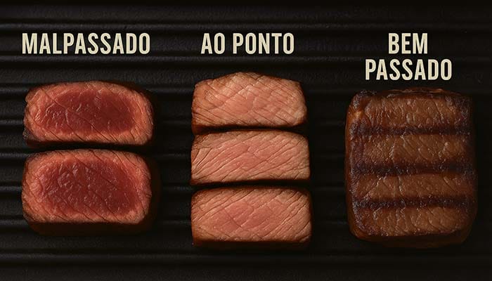 Cortes de carne em diferentes pontos: malpassado, ao ponto e bem passado