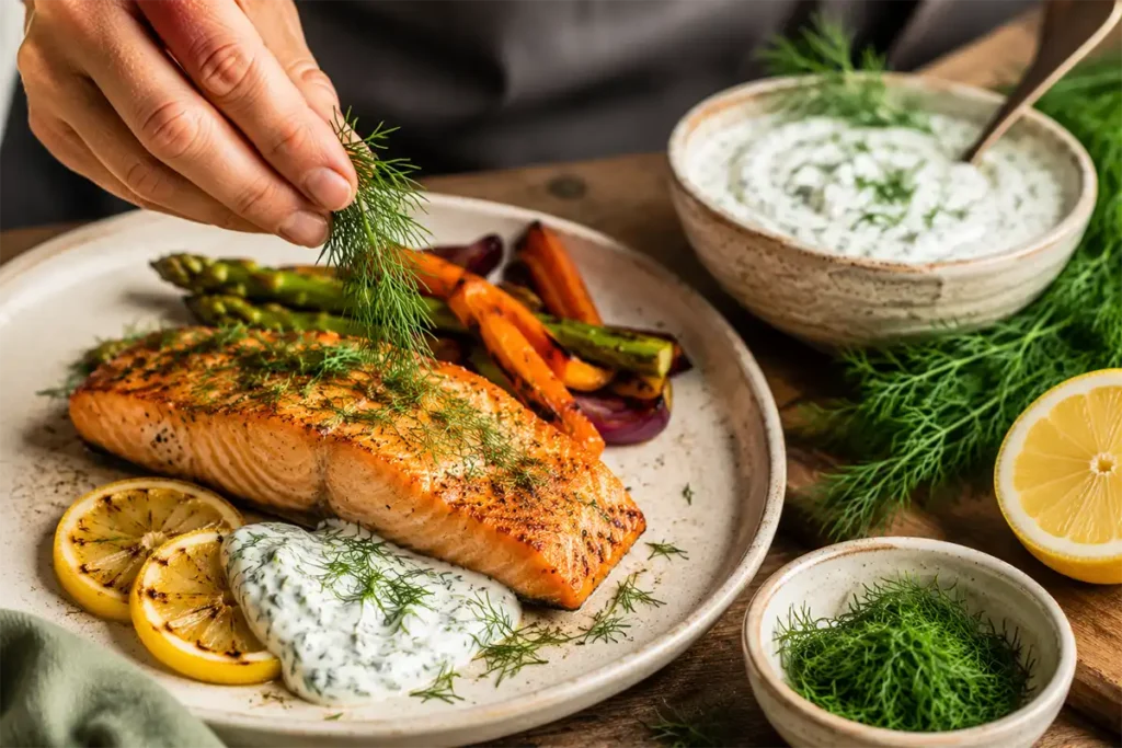 Chef utilizando endro fresco para finalizar um prato de salmão e molho de ervas.