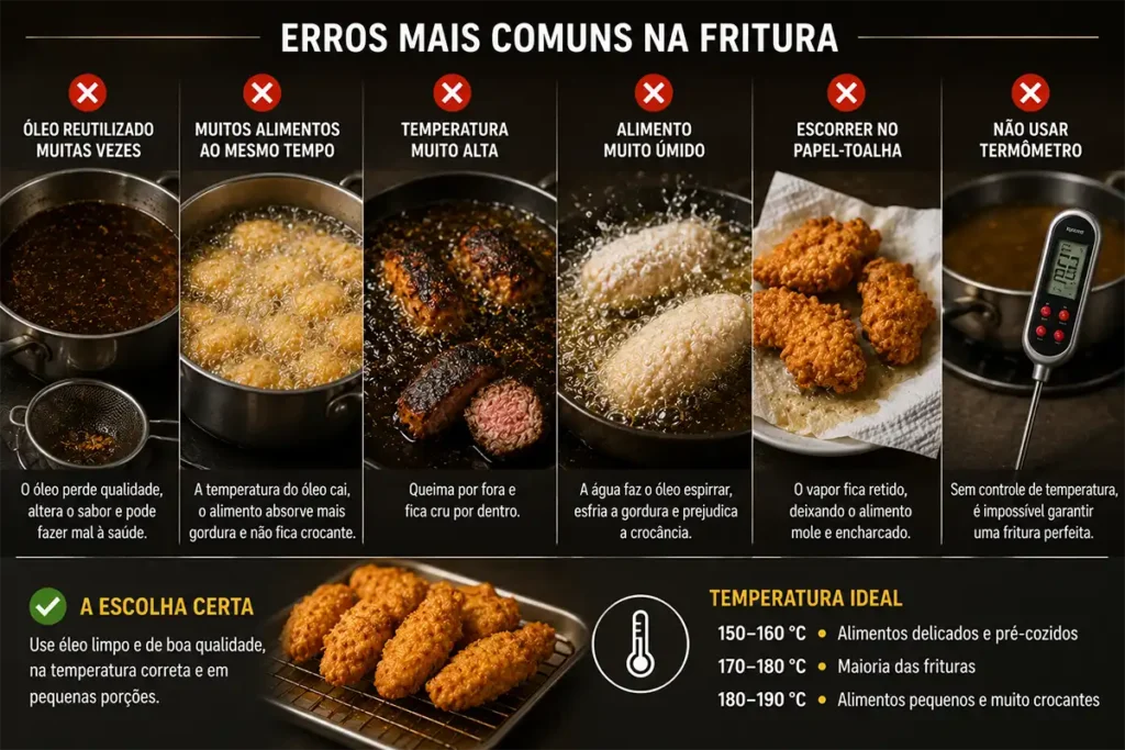 Exemplos dos erros mais comuns durante a fritura de alimentos.