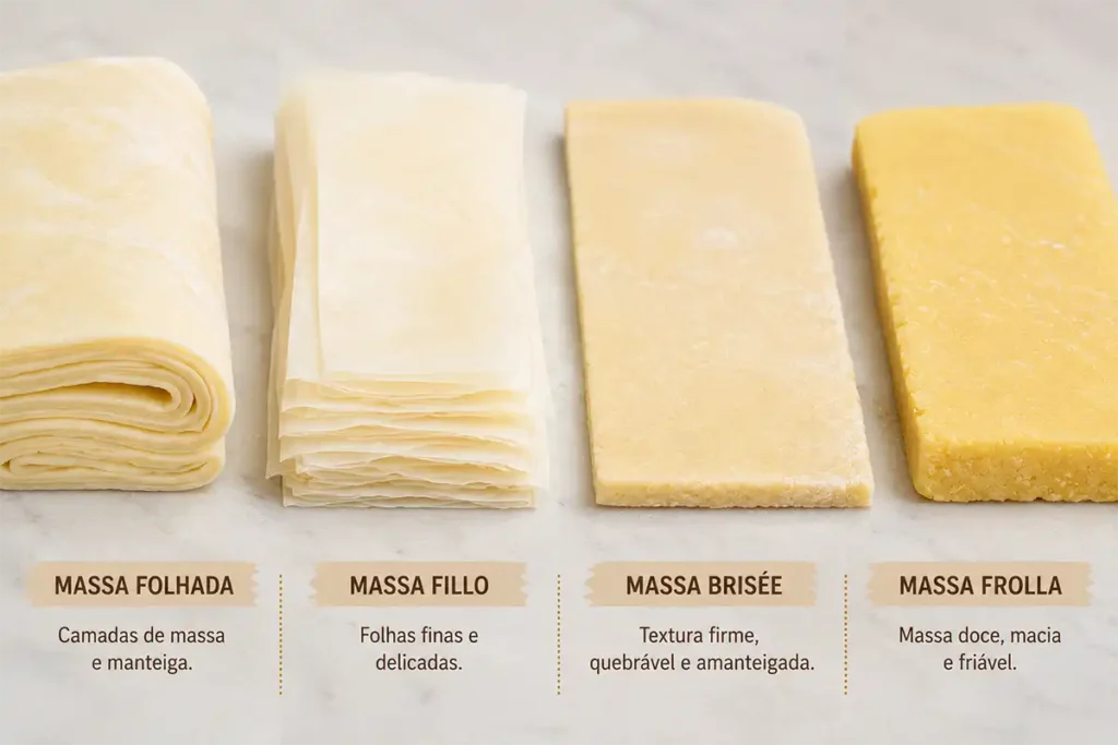 Diferenças de textura entre massa folhada, massa fillo, massa brisée e massa frolla antes do preparo.