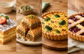 Comparação entre massa folhada, massa fillo, massa brisée e massa frolla em diferentes preparações culinárias.