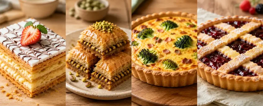 Comparação entre massa folhada, massa fillo, massa brisée e massa frolla em diferentes preparações culinárias.