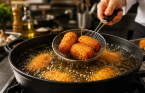 Chef realizando a técnica correta de fritura por imersão para obter alimentos dourados e crocantes.