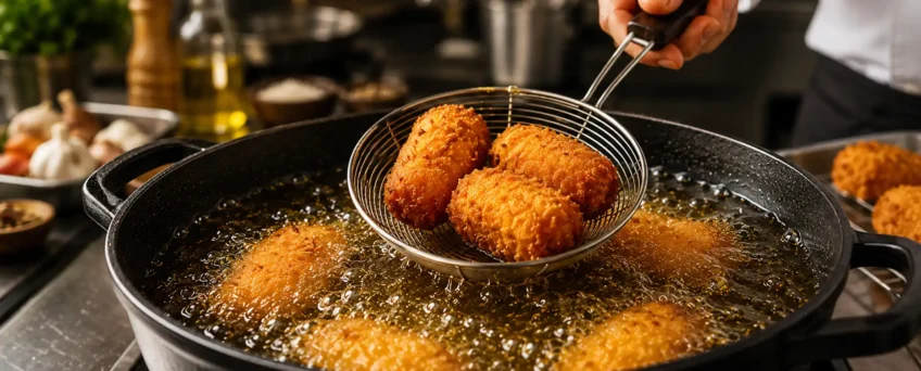 Chef realizando a técnica correta de fritura por imersão para obter alimentos dourados e crocantes.
