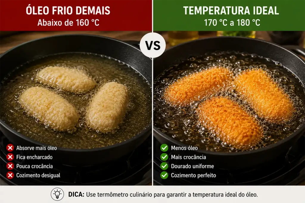 Comparação entre fritura em óleo frio e fritura na temperatura ideal.